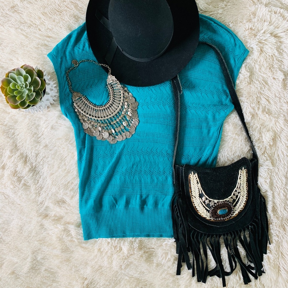 Turquoise Crochet Knit Loose Top